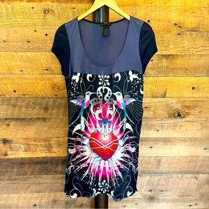 CUSTO BARCELONA Sequined Babydoll Dress Heart Birds Design, Size 4